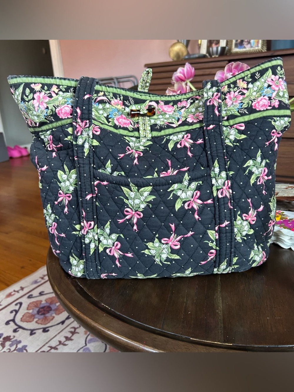 Vera Bradley Quilted Black Tote with Pink Floral Bows
